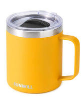 SunWill insulated coffee mug with lid keeps beverages hot or cold on the go.