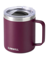 SUNWILL travel coffee mug plum lid in use during morning commute, showcases style and practicality