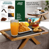 Superb Lifestyle Acacia Couch Arm Tray front view on a sofa arm for snacks
