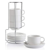 Sweejar porcelain espresso cups with saucers stacked on a metal stand for space-saving elegance