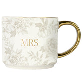 Sweet Water Decor Mrs Mug with grey Delft pattern and gold handle for elegant bridal gifting.