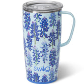 Swig Life 22oz travel mug with handle and bluebonnet lid for on-the-go sipping.