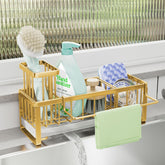 SWTYMIKI sponge holder beside the sink with towel bar for quick drying.