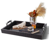 SXNOWS faux leather tray rectangle with handles enhances ottoman organization and stylish serving.