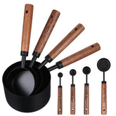 SynHHnergyx measuring cups set in stainless steel with ergonomic wooden handles.