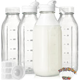 Syntic 4-pack glass milk bottles with scale show 1L capacity for precise pours.