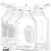 Syntic milk bottle with handle and secure seal for easy pouring.