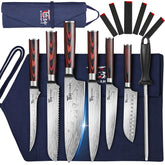 SYOKAMI 14-piece knife set with roll bag, protective slots for safe transport.