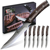 SYOKAMI steak knives set of 6 with Damascus-pattern blade for precise slicing