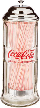 TableCraft Coca-Cola glass straw dispenser front view with chrome lid on retro countertop for quick straw access.