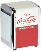 Tablecraft Coca-Cola napkin dispenser front view with retro red finish for party use