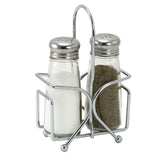 TableCraft salt and pepper shakers with rack, ideal for tabletop seasoning at gatherings.