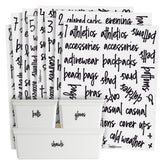 Talented Kitchen closet label sheet closeup: clear vinyl and script for easy item labeling.