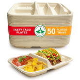Tasty Taco disposable plates with dividers keep tacos and sides neatly separated.