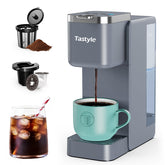 Tastyle single-serve coffee maker front view in gray, space-saving design.