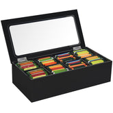 Tasybox tea bag organizer with clear lid enables fast tea access and clean countertop display.