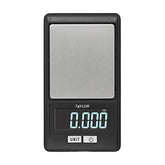 Taylor high-precision scale with cover; top-view demonstrates compact portioning on the go.