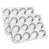 TeamFar 12-cup muffin pan top view highlights sturdy stainless steel construction