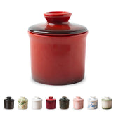 Teapeak butter keeper red front view on counter showing easy access for spreads