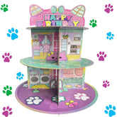 Terasilian cartoon cat dollhouse cupcake stand 3-tier pink, ideal for party dessert displays.