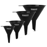 Terbold four-piece nesting funnel set in black, 125mm for precise liquid transfers