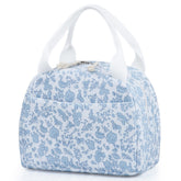 TESAFNG lunch bag corduroy blue-flower exterior with front pocket for essentials.