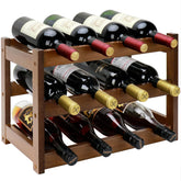Thalomely 3-tier bamboo wine rack displaying a neat 12-bottle arrangement on walnut finish.