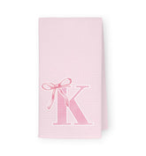 THDSE monogrammed initial K hand towels with pink bow in a bathroom setting