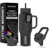 The Coldest Water 36oz tumbler with handle in stealth black for easy carrying.