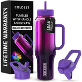 The Coldest Water 46 oz tumbler with handle and straw, side view, spill-free for travel.