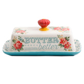 The Pioneer Woman vintage floral butter dish on counter keeps butter fresh and stylish.
