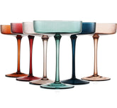 The Wine Savant ripple ribbed coupe glasses showcase martini style with vibrant, pastel tones.