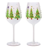 The Wine Savant winter tree glass with decorated exterior for festive toasts.