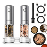 ThermoMaven salt and pepper grinder set, top view, highlights large capacity for family meals.