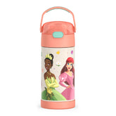 THERMOS FUNTAINER 12oz princesses bottle showing vibrant design keeps drinks cold for hours.