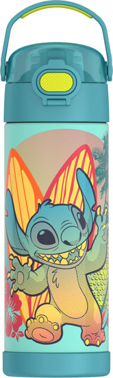 THERMOS FUNTAINER 16oz bottle front view with Stitch pattern keeping drinks cold