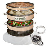 Three Way Cut 2-Tier Bamboo Steamer top view, large capacity for dumplings.