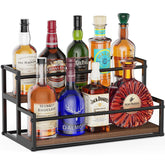 THYGIFTREE liquor bottle display shelf two tiers on a counter, organized and accessible.
