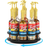 THYGIFTREE rotating syrup organizer on countertop displaying nine syrups for easy access.