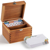 Tidita acacia wood recipe box top view, elegant counter display and natural grain.