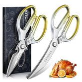 TIJERAS gold kitchen scissors dual-shear blades enable precise cuts for herbs and meat.