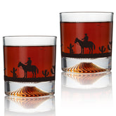 TIKIRUGI Western Desert whiskey glasses with etched design for rugged home bar vibe.