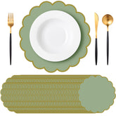 Tinlade sage green placemats with a gold border for an elegant table setting