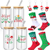 Tioncy Christmas glass cups 16 oz with bamboo lid for festive beverages and gifts