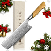 TIVOLI Damascus Nakiri blade closeup shows precision edge for clean vegetable cuts