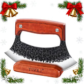 TIVOLI Ulu knife with wooden stand for elegant display and versatile prep.