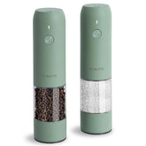 TLYSXPRO electric salt and pepper grinder set in sage on a stylish, decorative countertop.