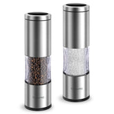 TLYSXPRO salt and pepper grinders in stainless steel for elegant table seasoning.