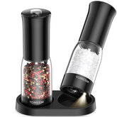 TOMEEM electric salt and pepper grinder with LED display for precise seasoning during cooking.