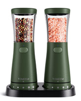 TOMEEM electric salt and pepper grinder with storage base on countertop for mess-free seasoning.